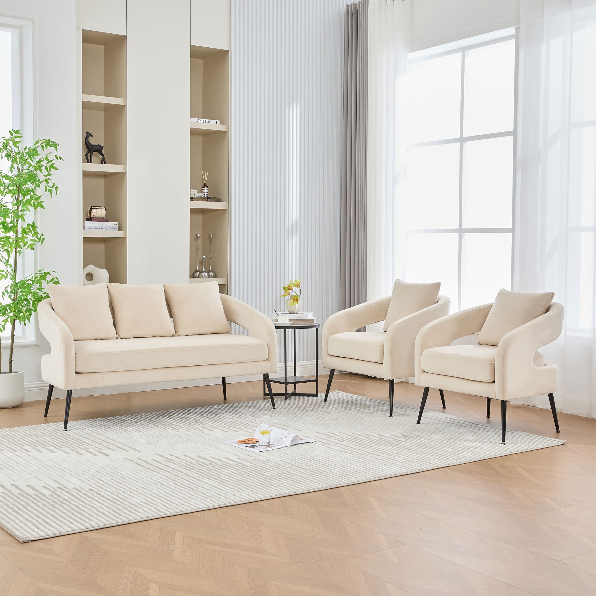 3-Piece Velvet Living Room Set – Mid-Century Loveseat & 2 Accent Chairs ...