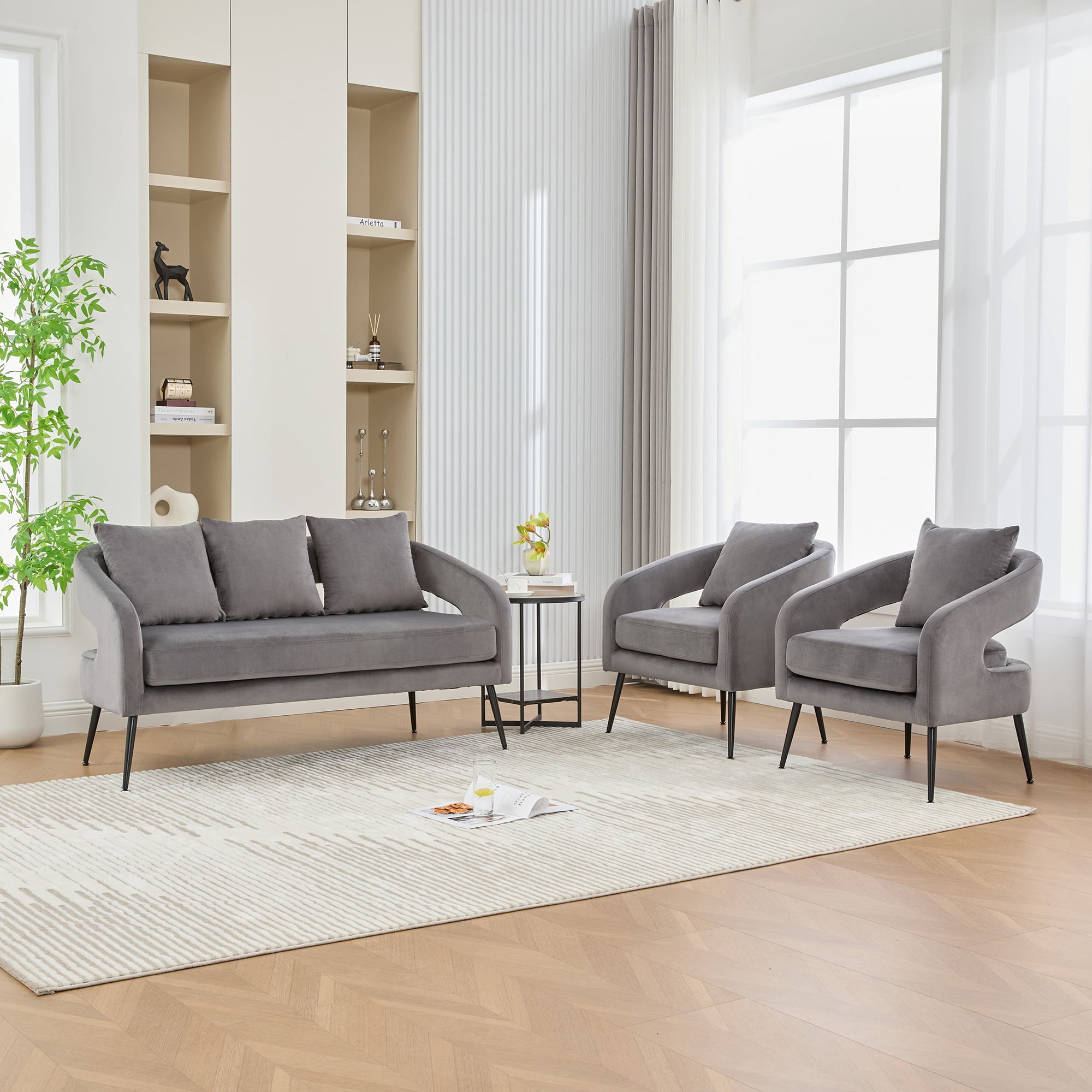 3-Piece Velvet Living Room Set – Mid-Century Loveseat & 2 Accent Chairs ...