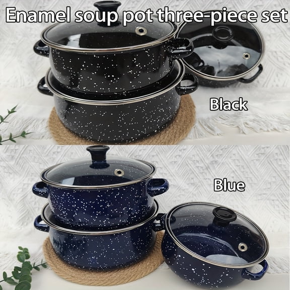 3-Piece Versatile Enamel Pot Set, Slim Lightweight, for Soups, Cooking Sauces, Compatible with Gas, Electric Open Flame, Ideal for Home Kitchen Daily Cooking