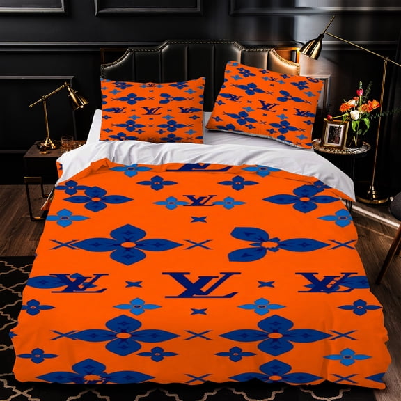 3-Piece Vibrant Orange & Blue Floral Geometric Duvet Cover Set with Initials Modern Stylish Bedding for a Chic Bedroom