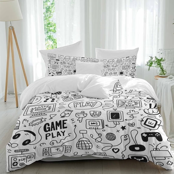 3 Piece Video Game Duvet Cover Set California King,Microfiber Comforter/Quilt Cover with Corner Ties and 2 Pillowcases,Black White Game Controller Monochrome All Season Bedding with Zipper Closure