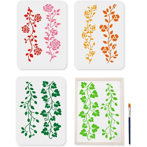 3-Piece Vine & Foliage Stencil Set - 11.7x8.3 Reusable Botanical Branch Template with Brush for DIY