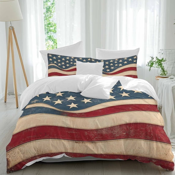 3 Piece Vintage American Flag Duvet Cover Set California King,Microfiber Comforter/Quilt Cover with Corner Ties and 2 Pillowcases,Blue Red White Star US Flag All Season Bedding with Zipper Closure