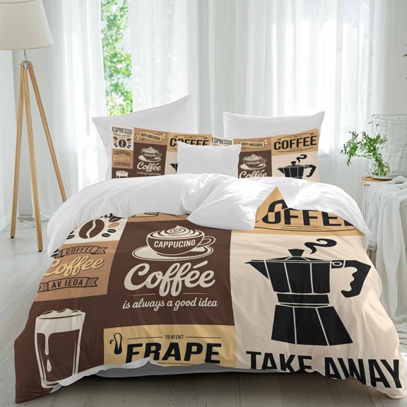 3 Piece Vintage Coffee Duvet Cover Set Twin Size, Microfiber Comforter/Quilt Cover with Corner Ties and 2 Pillowcases, Farmhouse Retro Art Coffee Beans All Season Soft Bedding with Zipper Closure