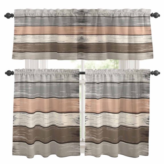 3 Piece Vintage Dark Grey Stripes Kitchen Curtain Valance and Tiers Set Peeling Paint Effect Theme Rod Pocket Tier Curtain 36 Inch Small Window Drapes for Living Room Bedroom Cafe Home Decor