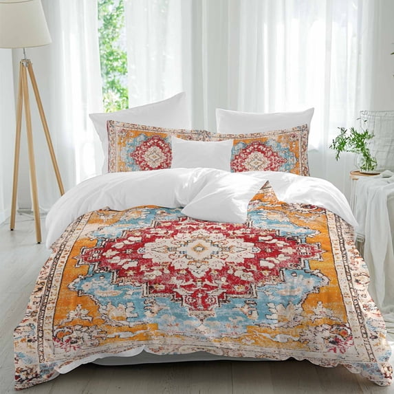 3 Piece Vintage Ethnic Duvet Cover Set Full Size,Microfiber Comforter/Quilt Cover with Corner Ties and 2 Pillowcases,Boho Tribes Modern Orange Middle Century All Season Bedding with Zipper Closure