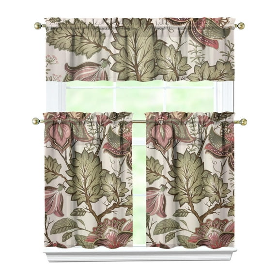 3-Piece Vintage Floral Kitchen Curtains Set - Elegant Abstract Geometric Pattern, Short Rod Pocket Curtains for Small Windows (54x18 + 27.5x36x2), Minimalist Farmhouse Decor