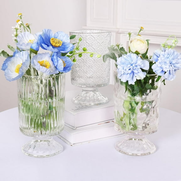 7 Inch Vintage Glass Vases, Embossed Base, Ribbed, Set of 3