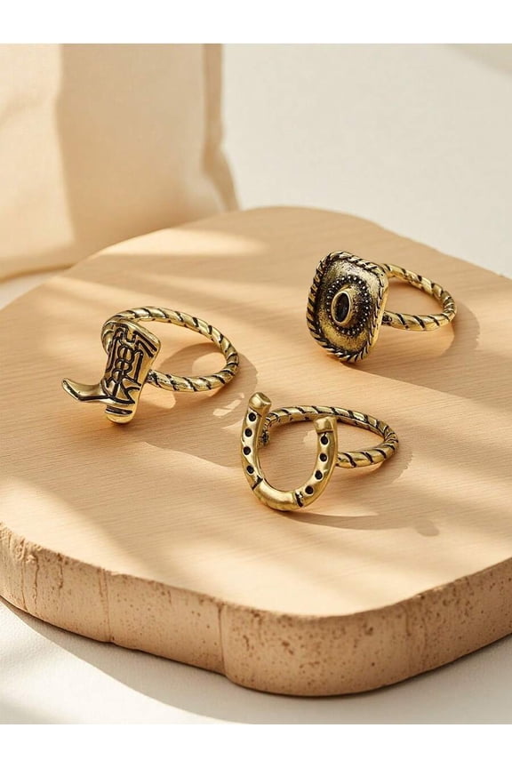 3-Piece Vintage Horseshoe, Boot & Hat Ring Set In Antique Gold Tone Metal, Cowboy Style Adjustable Rings For Adults