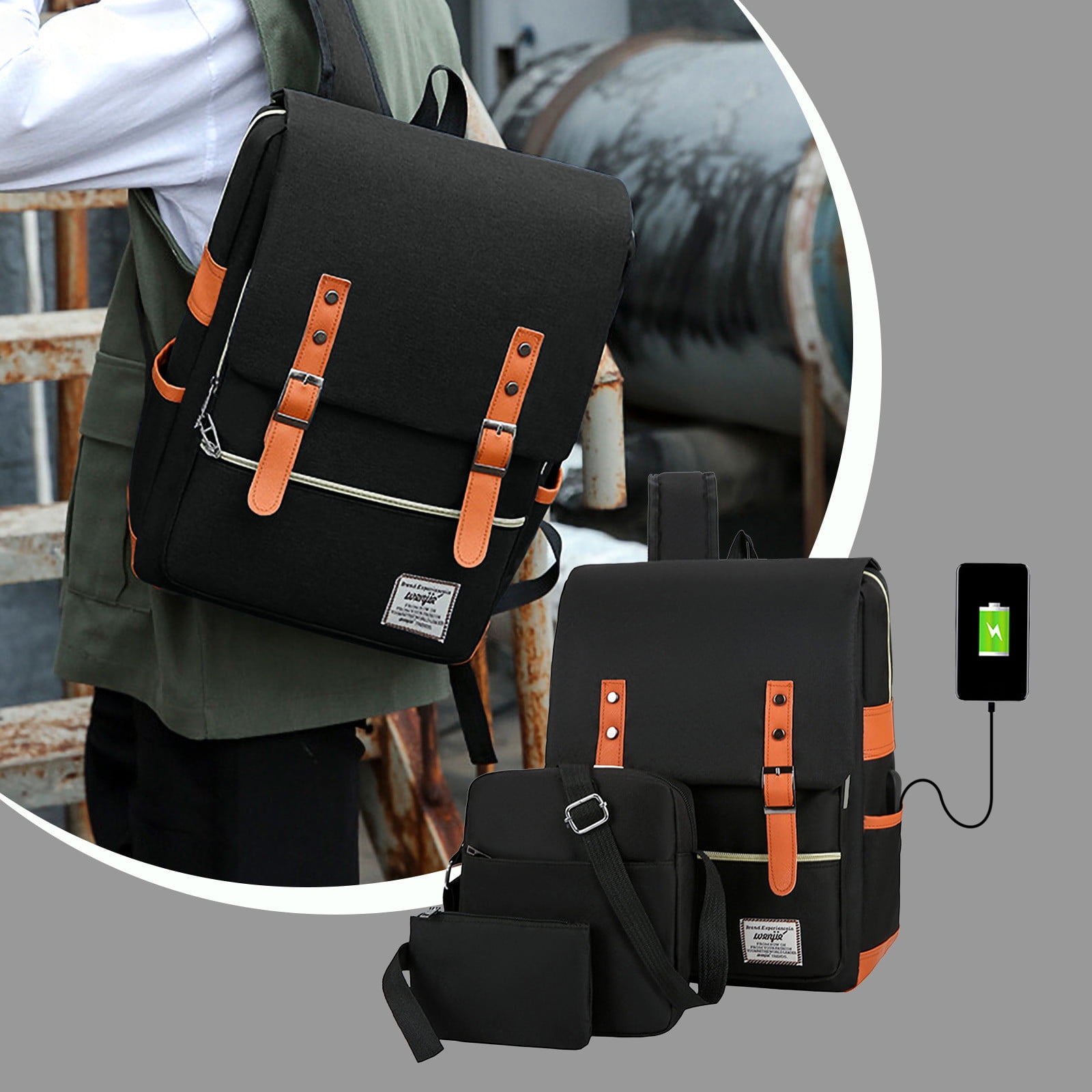 3 Piece Vintage Laptop Backpack with Usb Charging Port, Elegant Water ...