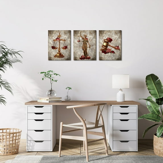 3 Piece Vintage Legal Canvas Wall Art Law Firm Scales Justice Hammer Picture Prints on Canvas Lawyer Office Decor Art Hanging (12"x16"x3pcs)