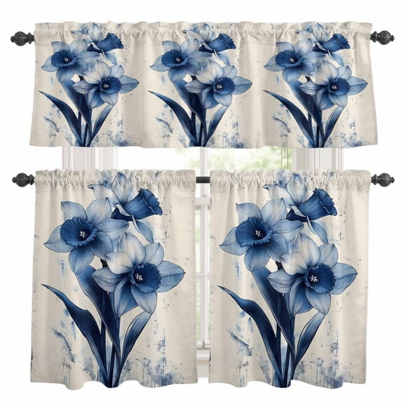 3 Piece Vintage Orchid Kitchen Curtain Valance and Tiers Set Retro Blue Flower Watercolor Style Rod Pocket Tier Curtain 24 Inch Small Window Drapes for Living Room Bedroom Cafe Home Decor