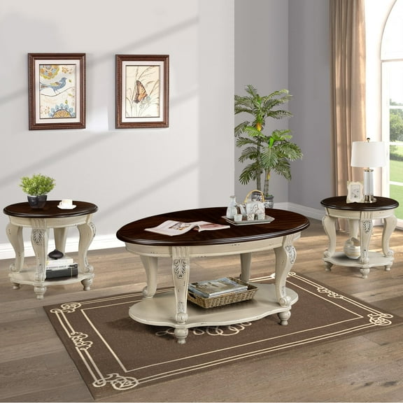 LKTART Vintage 3-Piece Oval Coffee Table Set, Beige Espresso Wood with Carved Legs for Living Room Office