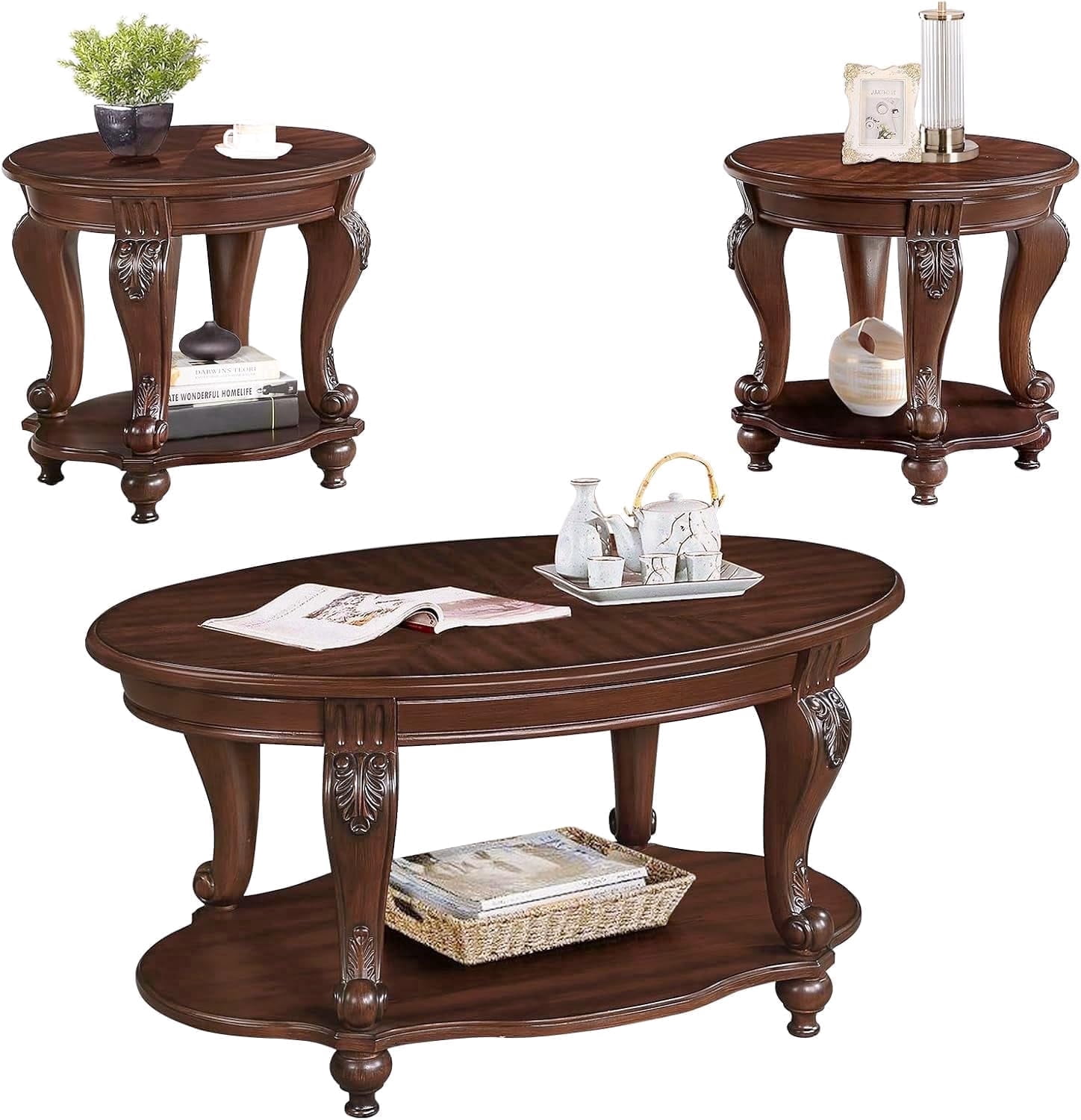 LKTART 3-Piece Vintage Oval Coffee Table Set - Cherry Wood Table with Carved Legs for Living Room & Office