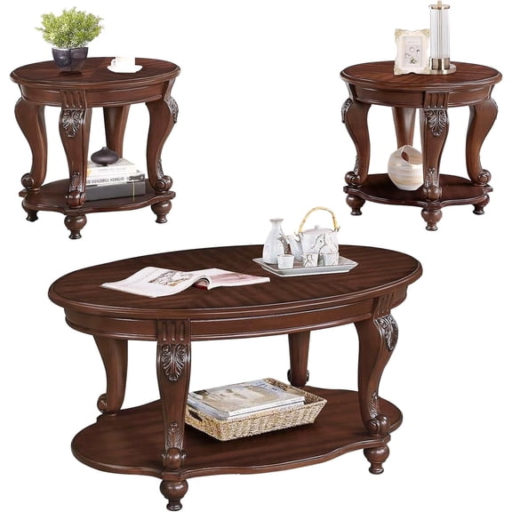 LKTART 3-Piece Vintage Oval Coffee Table Set - Cherry Wood Table with Carved Legs for Living Room & Office