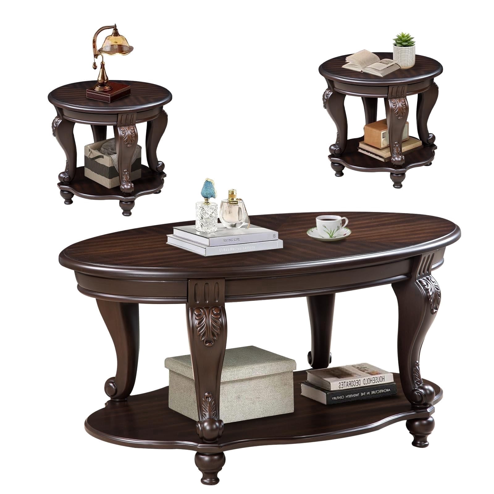 3-Piece Vintage Oval Coffee Table Set - Espresso Wood Table with Carved Legs for Living Room & Office