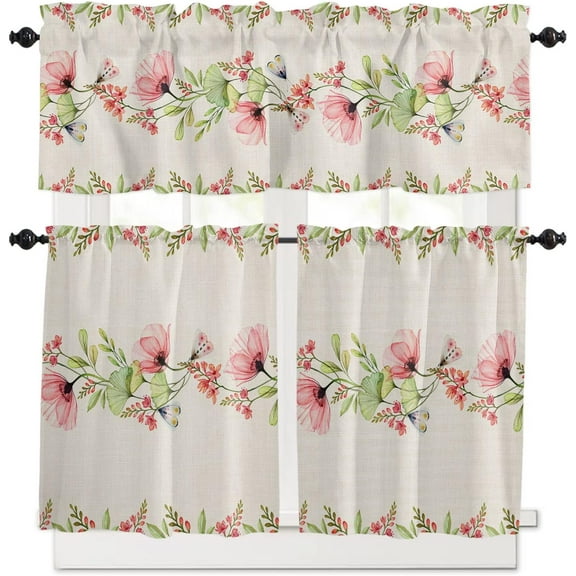 3 Piece Vintage Poppy Flower Butterfly Kitchen Curtains, Tier and Valance Rod Pocket Window Curtains Set Pink Floral Plant Cafe Curtains for Kitchen Valances Window Treatment 54X18in+27x36in×2