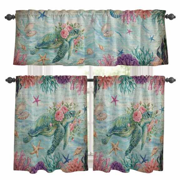 3 Piece Vintage Sea Turtles Kitchen Curtain Valance and Tiers Set Pink Flower Shell Starfish Coral Ocean Watercolor Rod Pocket Tier Curtain 36 Inch Small Window Drapes for Living Room Bedroom Decor
