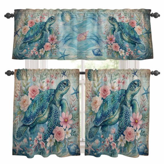 3 Piece Vintage Sea Turtles Kitchen Curtain Valance and Tiers Set Pink Flower Shell Starfish Ocean Life Watercolor Rod Pocket Tier Curtain 36 Inch Small Window Drapes for Living Room Bedroom Decor