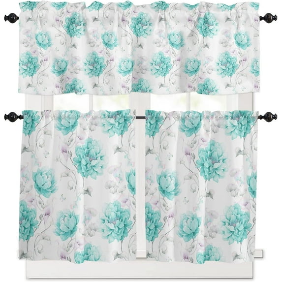 3 Piece Vintage Watercolor Flowers Kitchen Curtains, Tier and Valance Rod Pocket Window Curtains Set Teal White Cafe Curtains for Kitchen Valances Window Treatment 54X18in+27x24in×2