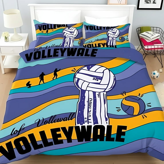 3-Piece Volleyball Themed Duvet Cover Set with Colorful Wavy Stripes & Figures - Includes Matching Pillowcases - Playful Sports Design