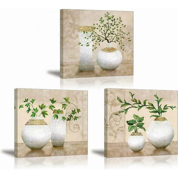 3 Piece Wall Art for Bathroom/Hallway, SZ HD Elegant Canvas Painting Prints of Green Spring Plants in Vases on Beige/Tan Picture (Waterproof Decor, Ready to Hang, 12x12 x3)