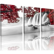 3 Piece Wall Art Black White and Red Waterfall Picture Prints Autumn Forest Tree Landscape Painting Nature Canvas Artwork for Home Office Bathroom Living Room Decor Framed Ready to Hang