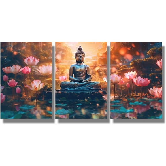 3 Piece Wall Art Buddha Statue at Sunset Wall Art for Bedroom Prints Spiritual Meditation Paintings Canvas Artwork Wall Decor Canvas d Wall Hanging Decor 16x24inchx3