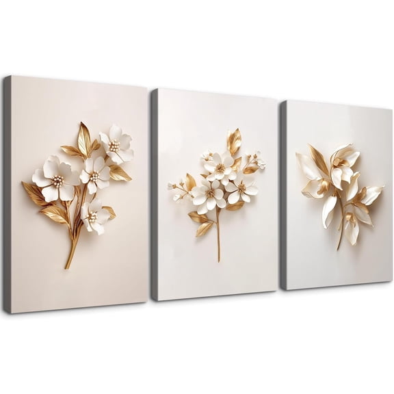 3 Piece Wall Art Canvas Gold Flower Picture Minimalist Floral Poster Modern Artwork Print on Canvas, Framed for Living Room Bedroom Office, 12"x16"x3 Panels