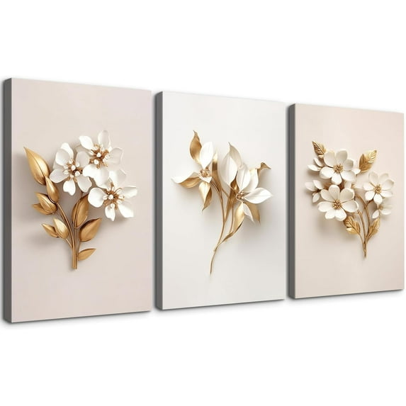 3 Piece Wall Art Canvas Gold Flower Picture Minimalist Floral Poster Modern Artwork Print on Canvas, Framed for Living Room Bedroom Office, 12"x16"x3 Panels