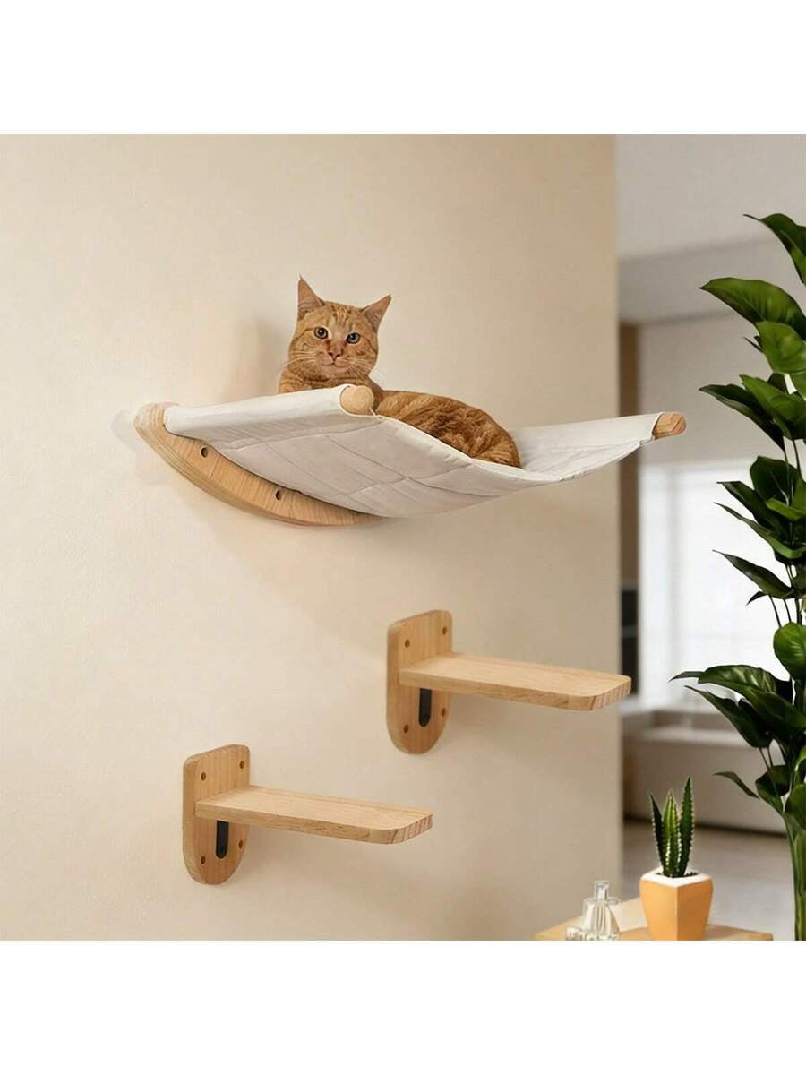 3-Piece Wall Mounted Cat Shelves Set - Wooden Perch, Steps & Hammock ...