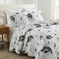 3-Piece Wash Painting Black and White Botanical Floral Quilt Bedspread Set