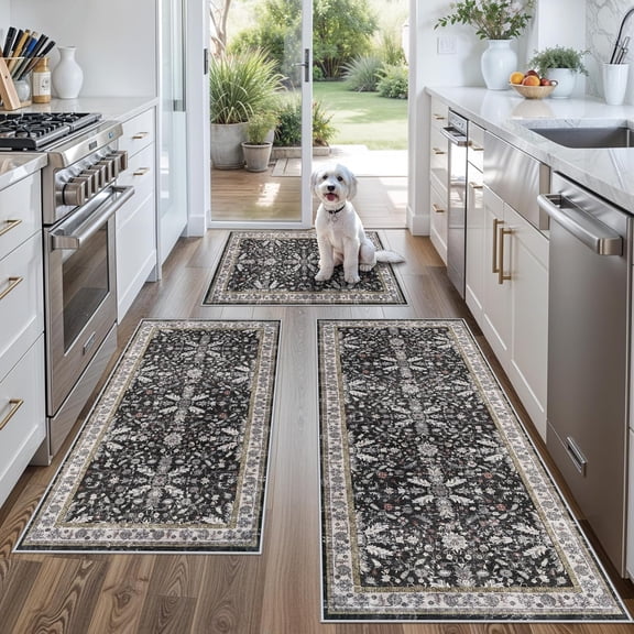 3-Piece Washable Kitchen Rug Set of 3 with Runner – Non-Slip Boho Kitchen Mats for Hardwood Floor, Sink & Entryway & Bathroom, Home Decor (Black)