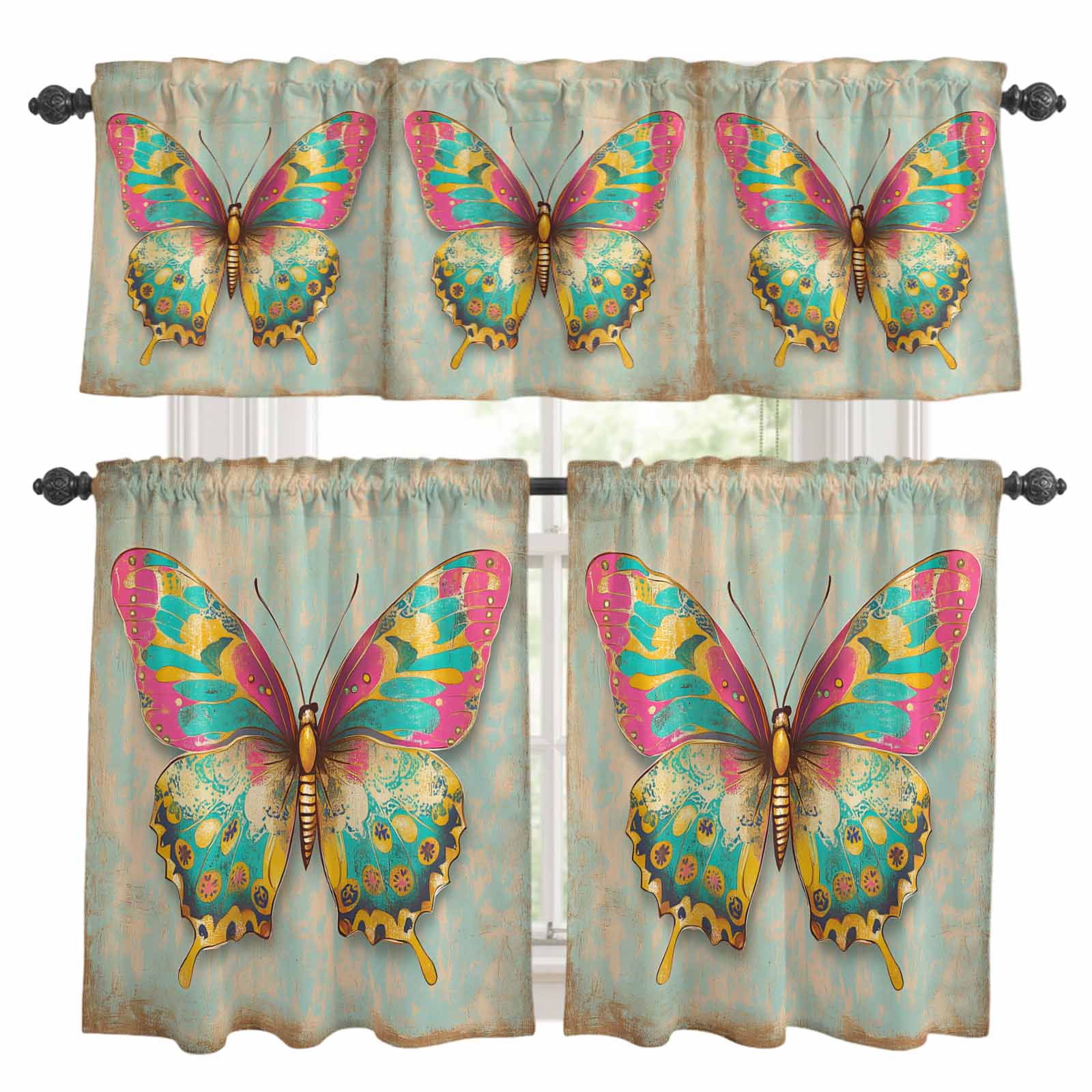 3 Piece Watercolor Butterfly Kitchen Curtain Valance and Tiers Set ...