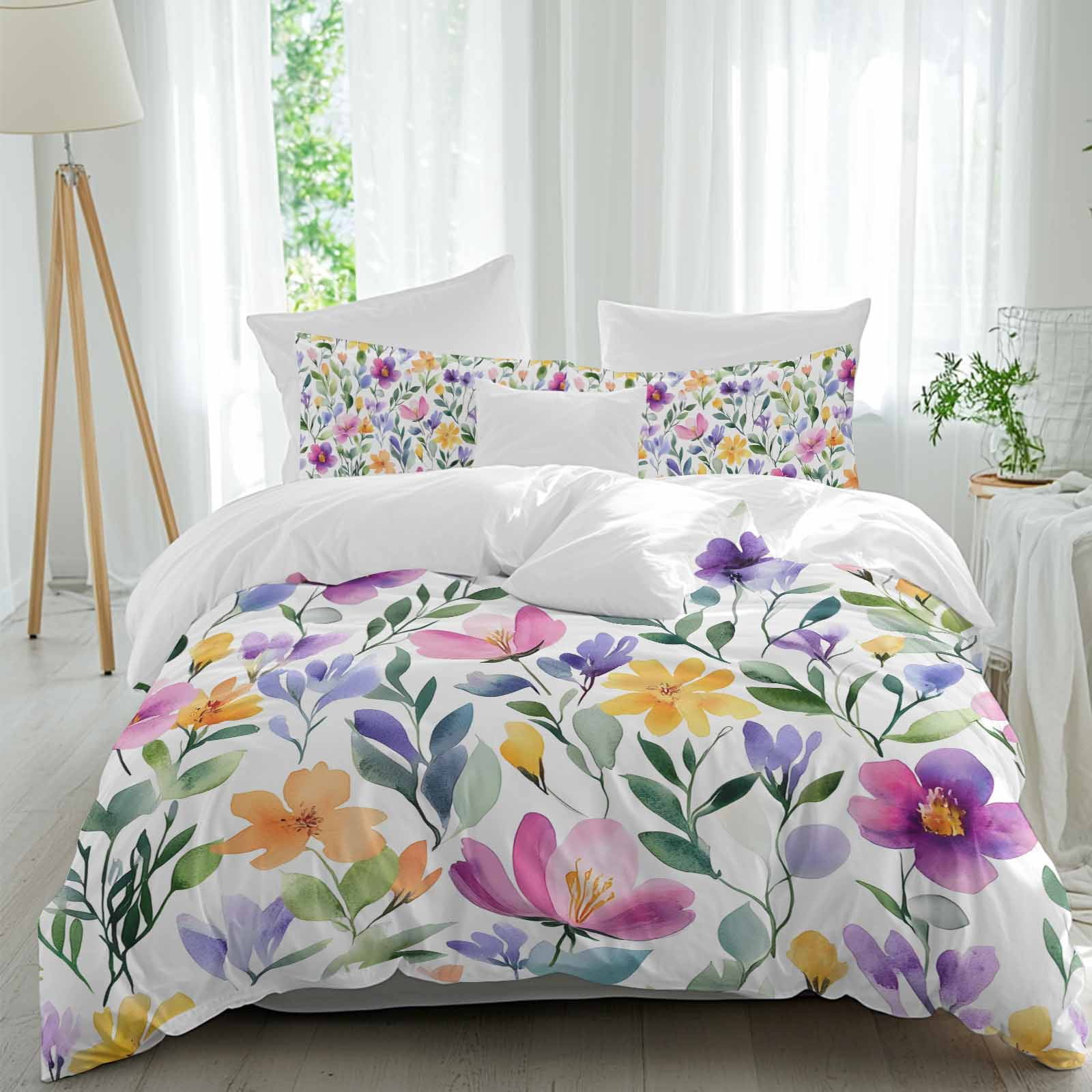 Spring Quilt Set 3 Piece Watercolor Floral Duvet Cover Set Full Size, Microfiber ...