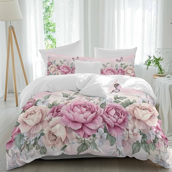 3 Piece Watercolor Pink Floral Duvet Cover Set Twin Size,Microfiber Comforter/Quilt Cover with Corner Ties and 2 Pillowcases,Spring Romantic Roses Butterfly All Season Bedding with Zipper Closure