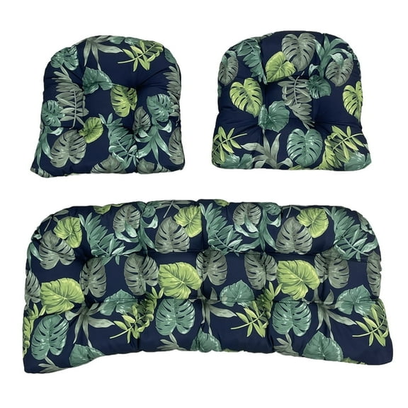 3-Piece Waterproof Tufted Outdoor Cushion Set, 1 Bench Cushion and 2 Seat Cushions for Patio Furniture Sofa Settee Couch, Green Leaves