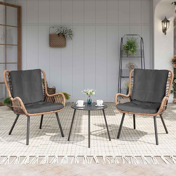 3 Piece All Weather Outdoor Bistro Set, Small Patio Furniture with Thick Cushioned Chairs & Coffee Table, Compact Porch Conversation Set for Garden, Backyard, Balcony, Deck, Black