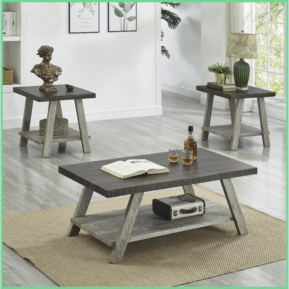 3-Piece Weathered Walnut & Gray Coffee Table Set with Storage - Contemporary Rustic Splayed-Leg for Living Room