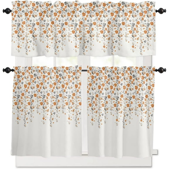 3 Piece Weeping Flower Floral Vine Kitchen Curtains, Tier and Valance Rod Pocket Window Curtains Set Grey Orange Cafe Curtains for Kitchen Valances Window Treatment 54X18in+27x24in×2