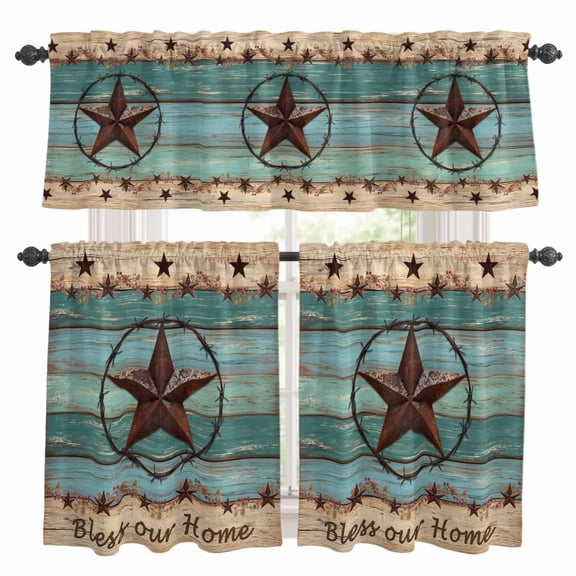 3 Piece Western Texas Star Kitchen Curtain Valance and Tiers Set Retro Turquoise Wooden Rustic Farmhouse Rod Pocket Tier Curtain 36 Inch Small Window Drapes for Living Room Bedroom Cafe Home Decor