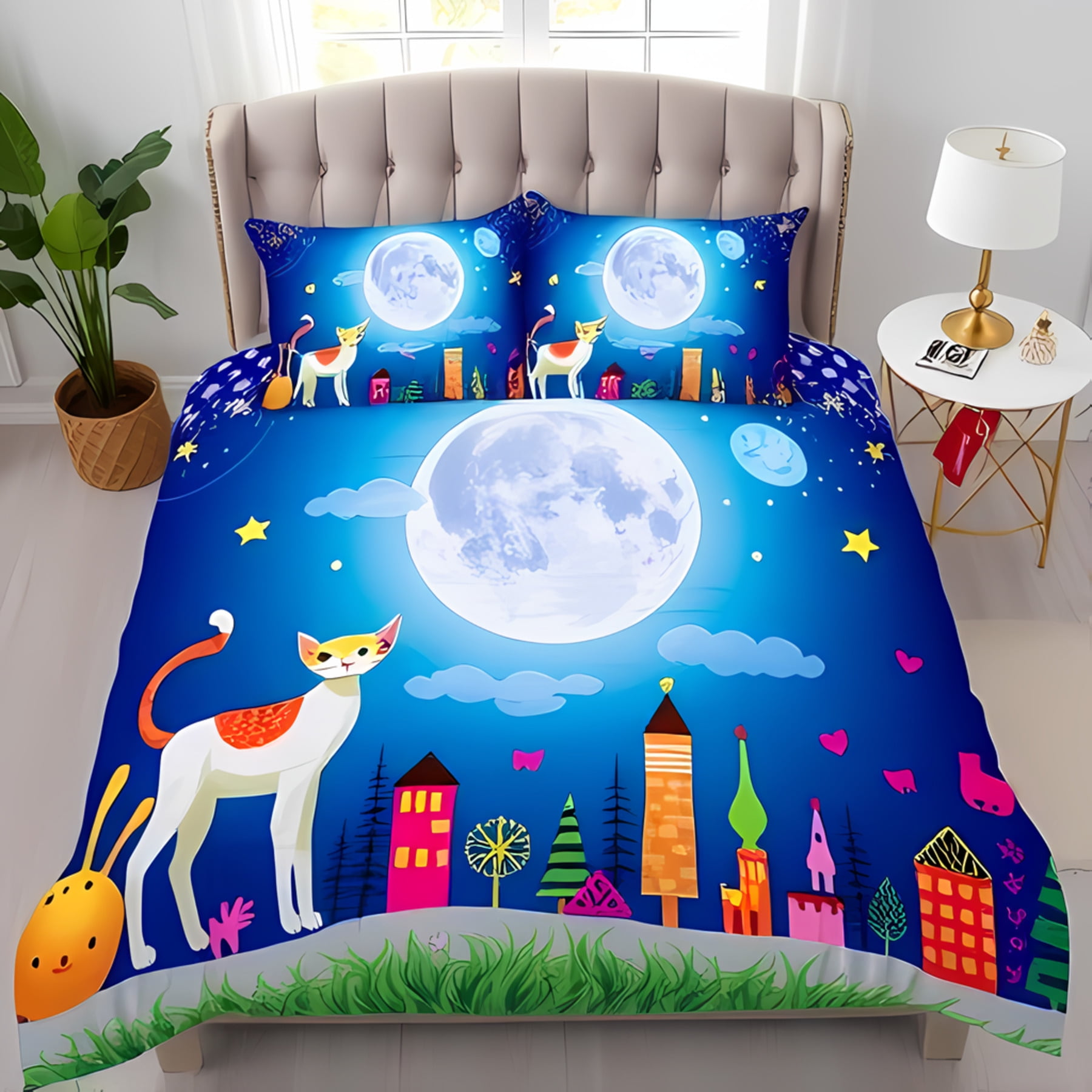 3-Piece Whimsical Night Sky Duvet Cover Set with Colorful Cityscape ...