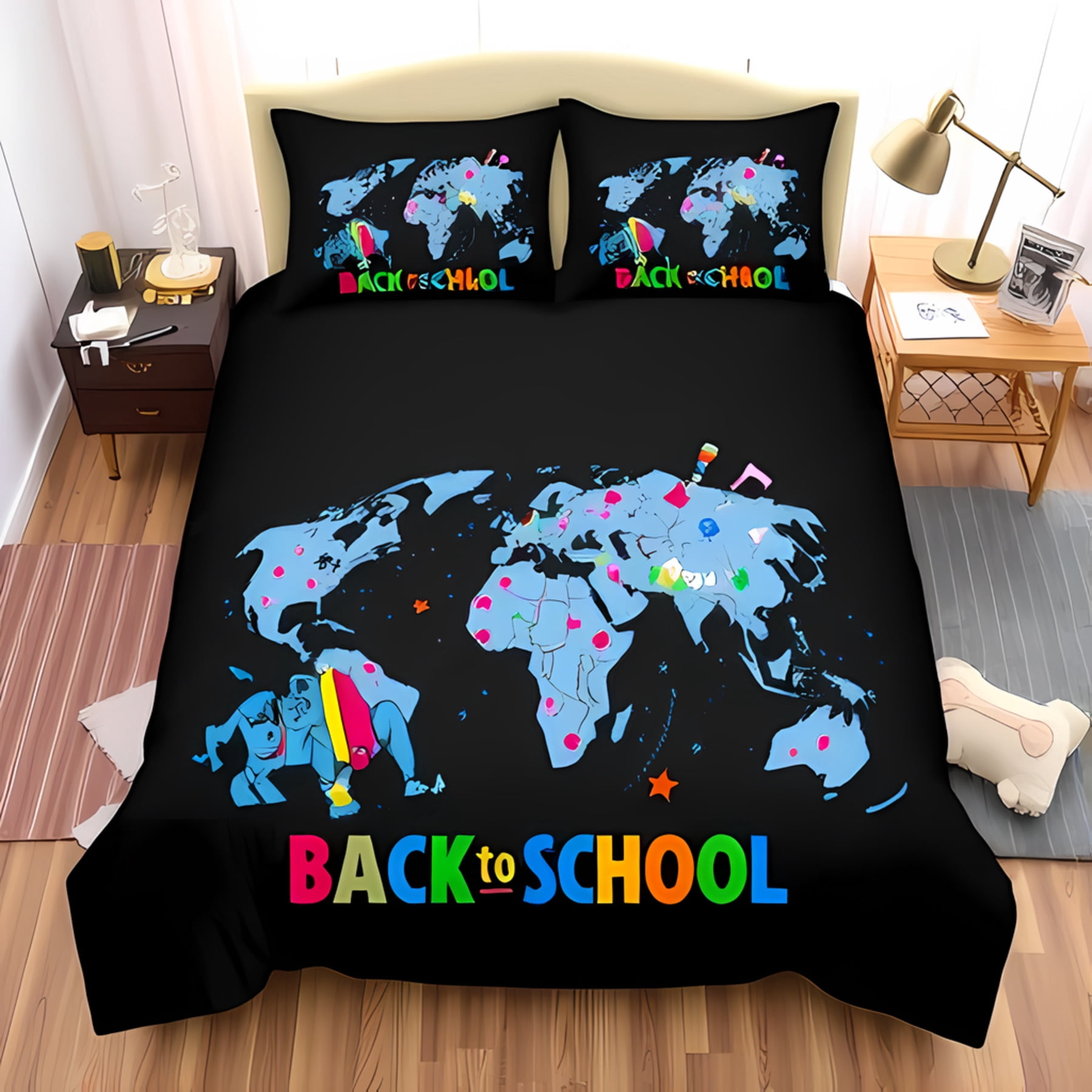 3-Piece Whimsical World Map Duvet Cover Set Colorful 'Back to School ...