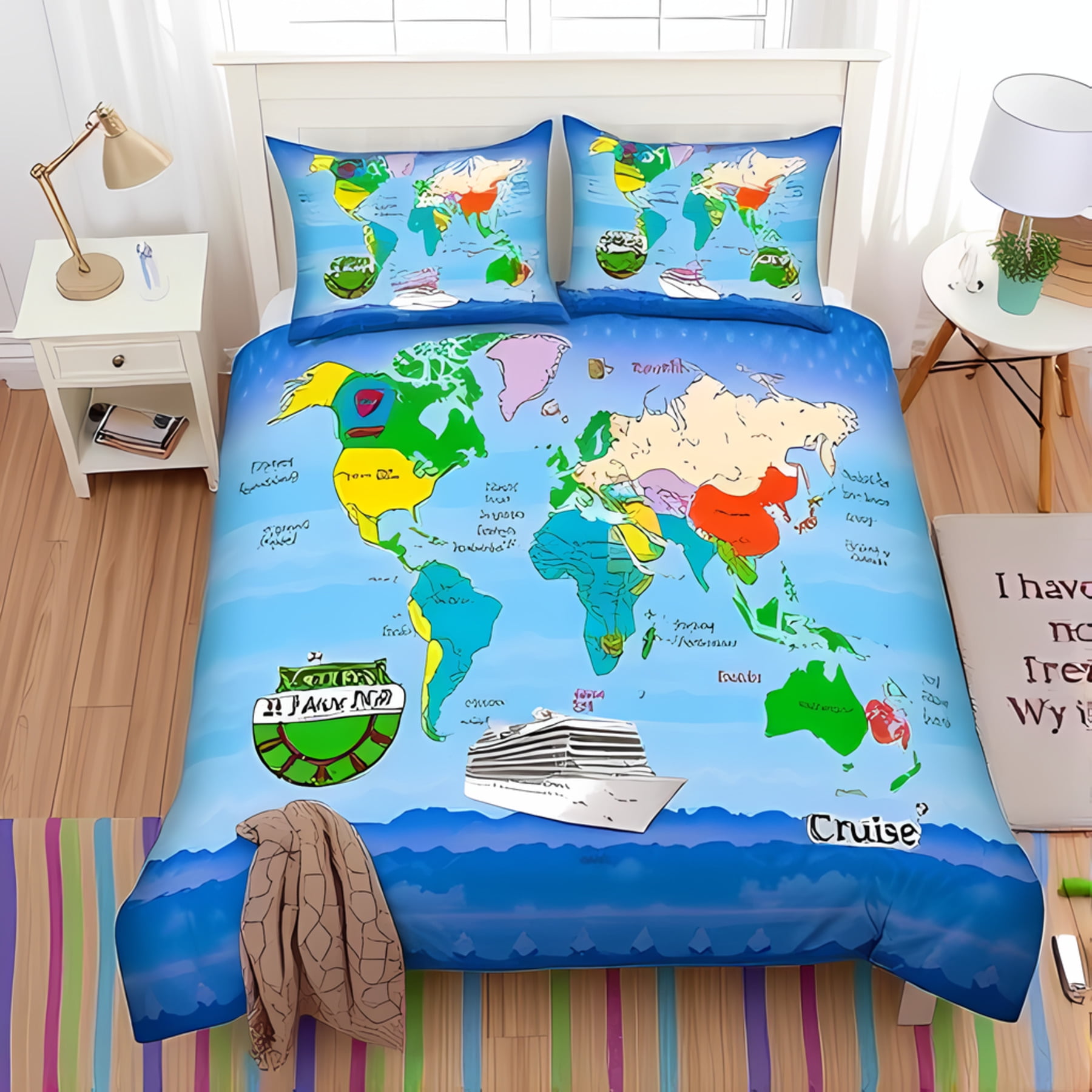3-Piece Whimsical World Map Duvet Cover Set - Vibrant Blue with ...