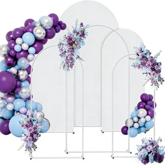3-Piece White Arch Backdrop Stand & Cover Set - 7.3FT, 6.6FT, 6FT Wedding Arch Frame with Spandex Covers, Balloon & Photo Backdrop for Parties