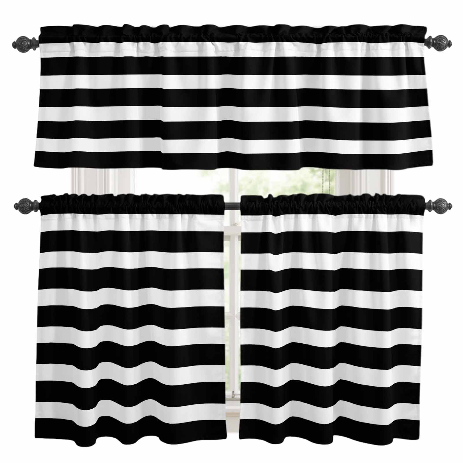 3 Piece White Black Striped Kitchen Curtain Valance and Tiers Set ...