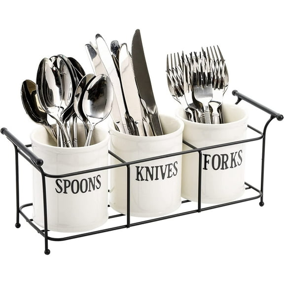 3-Piece White Ceramic Silverware Caddy with Black Metal Rack, Utensil Holder Flatware Caddy Cutlery Storage Organizer for Kitchen Table, Cabinet or Pantry