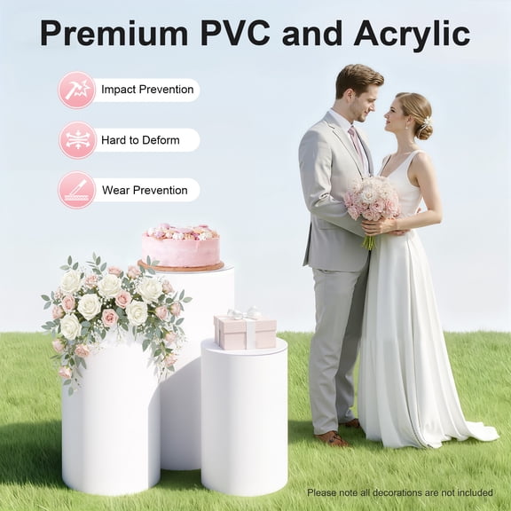 3-Piece White Cylinder Pedestal Stand Set 40/36/33cm Diameter Acrylic & PVC Display Risers for Cakes, Artwork