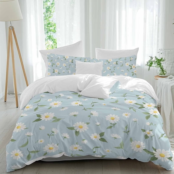 3 Piece White Daisy Duvet Cover Set Queen Size,Microfiber Comforter/Quilt Cover with Corner Ties and 2 Pillowcases,Country Pastoral Spring Botanical Flowers All Season Bedding with Zipper Closure