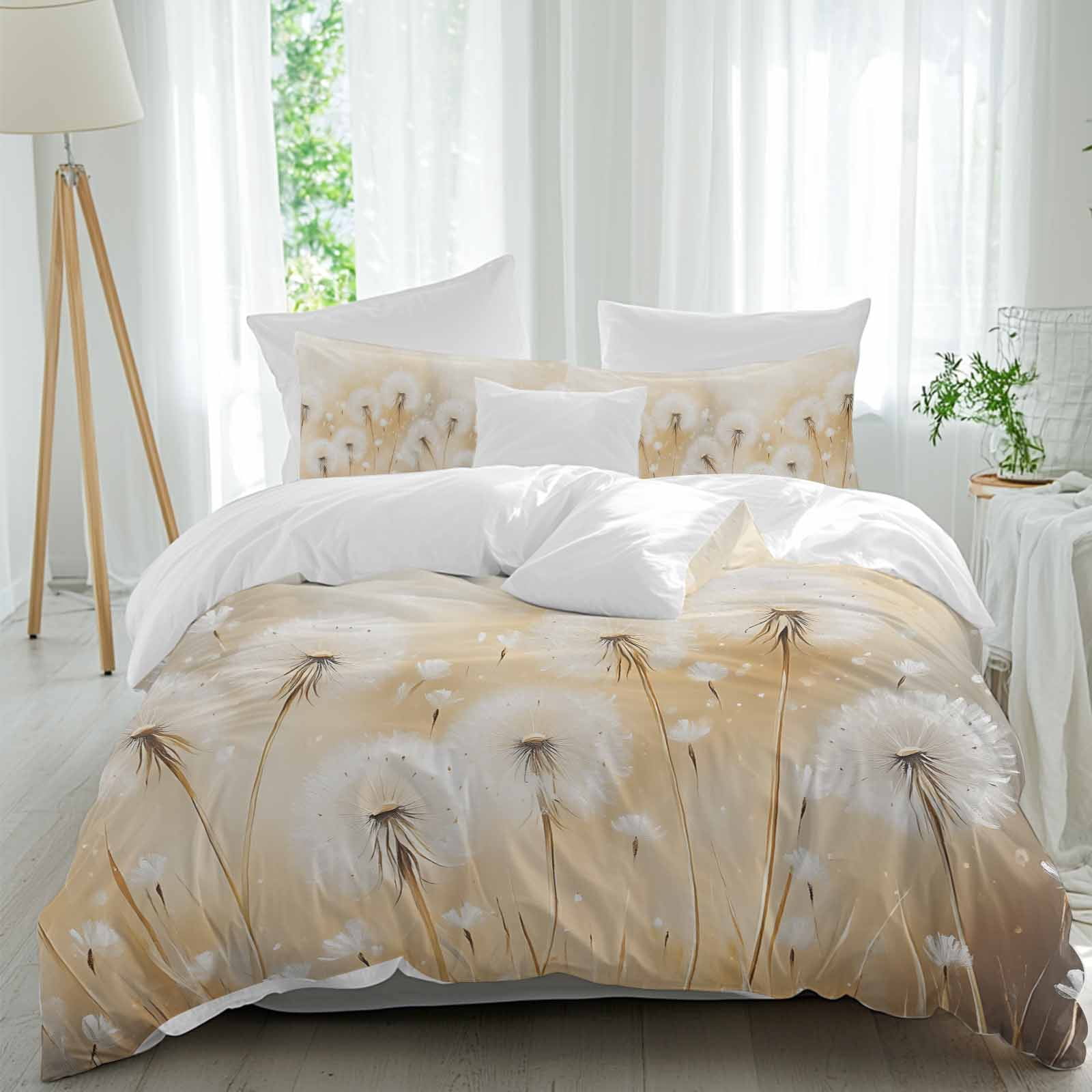 3 Piece White Dandelion Duvet Cover Set Queen Size,Microfiber Comforter ...